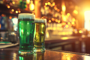 Bar serving green beer and Irish whiskey closeup. Traditional tasty drinks in glasses for Saint Patrick Day party in Irish pub. Festive atmosphere, sunlight