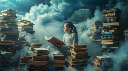 girl reading a magic book sitting in clouds, world book day - obrazy, fototapety, plakaty