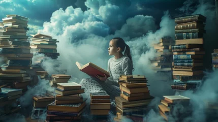 Foto auf Leinwand girl reading a magic book sitting in clouds, world book day © Zanni