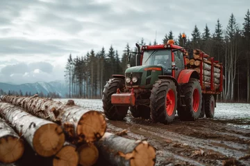 Fotobehang tractor on a farm with logs © Tisha