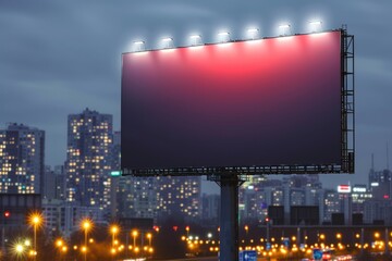 Blank black horizontal billboard on skyline background at evening, front view. Mock up, advertising...