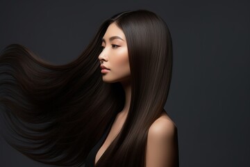 illustration of Sassoon hair model beautiful Asian woman long , Generative ai - obrazy, fototapety, plakaty