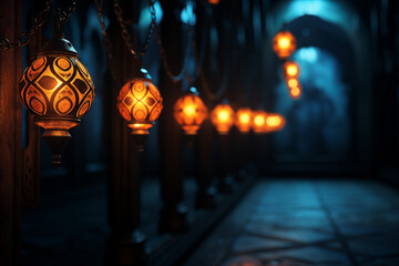 lanterns with candles shining in the dark, perspective view, Ramadan holiday