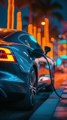 Electric car is charged at night with a reflection of city lights