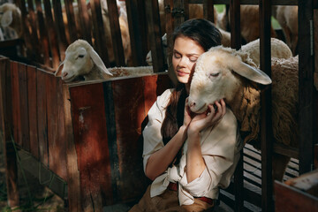 A woman is petting a sheep in a pen with other sheep in the background
