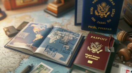 Open travel passport with many stamps on it on the world map. Tourism and travel concept. - obrazy, fototapety, plakaty