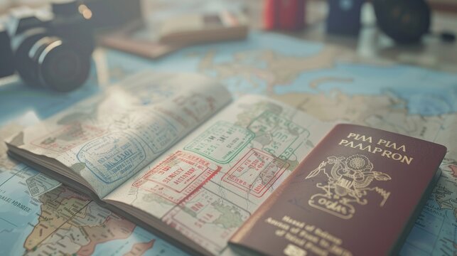 Open travel passport with many stamps on it on the world map. Tourism and travel concept.