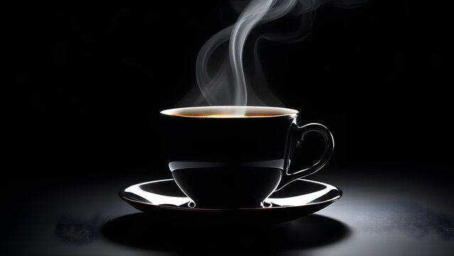 An image of a cup of warm coffee on a black background. Generative ai.