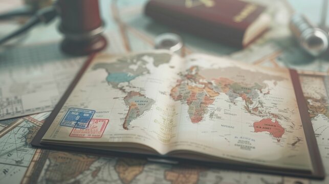 Open travel passport with many stamps on it on the world map. Tourism and travel concept.