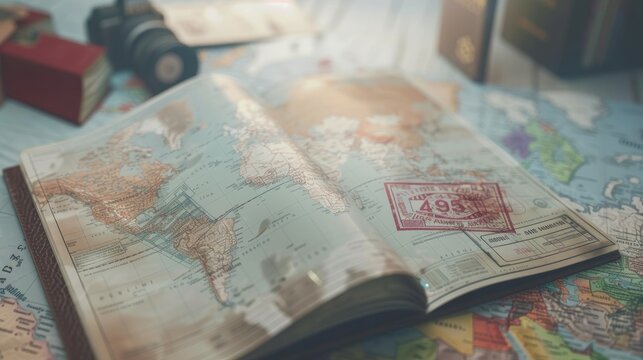 Open travel passport with many stamps on it on the world map. Tourism and travel concept.