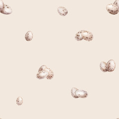 Watercolor seamless pattern with Easter quail eggs. Pastel color eggs hand drawing watercolor illustrations in minimalist style. Repeat pattern isolated on background for Easter designs