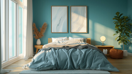 Tranquil Bedroom Interior with Ocean Blue Walls and Cozy Bedding by Sunlit Window