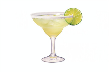 Watercolor margarita drink with lime, isolated on white background. Watercolour cocktail illustration.
