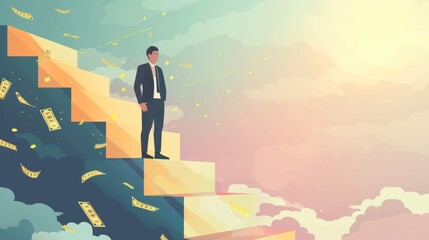 Proud businessman standing on pile of money coins, vector illustration