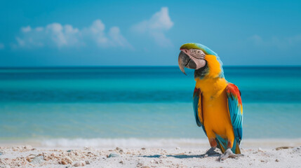 Selective focus red and blue macow parrot bird on the beach with sea background. Colorful big Macaw parrot at the beach. Closeup colorful bright parrot on beach at tropical island