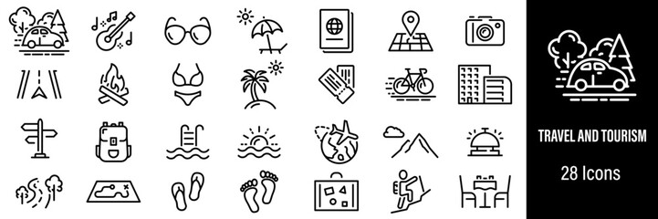 Travel and Tourism Web Icons. Road Trip, Beach, Hotel, Summer Vacations, Camping. Vector in Line Style Icons
