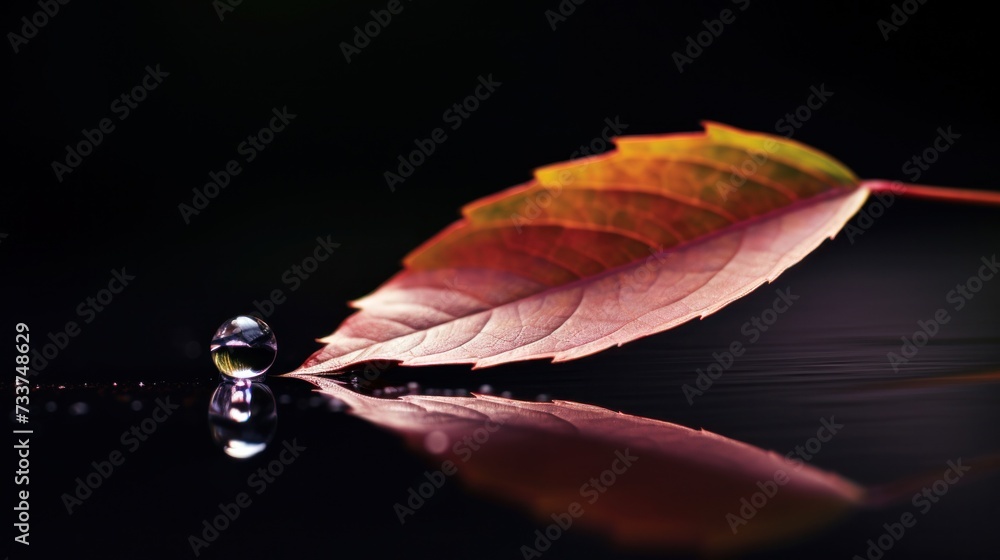 Sticker a leaf with a drop of water on it sitting in the dark, ai