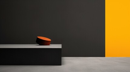 A red object sitting on a black and yellow wall, AI