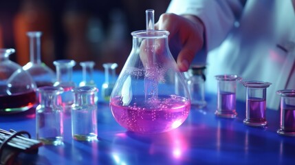 Laboratory experiment with pink liquid in a flask, scientific research