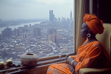 Woman in traditional attire looking out over New York City, contemplative