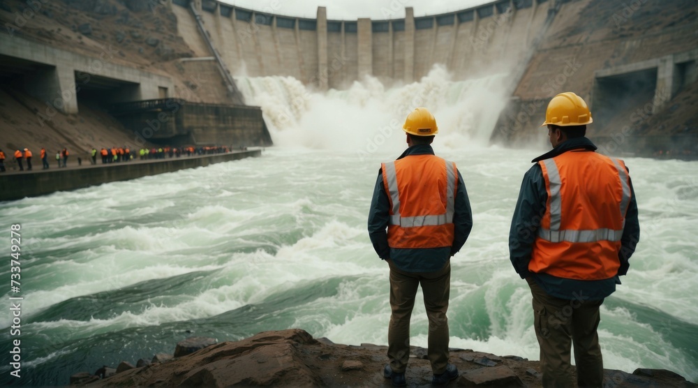 Poster two men in hard hats standing in front of a dam. generative ai.