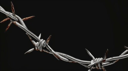 Closeup of metal barbed wire on black background. Symbol of prison and freedom