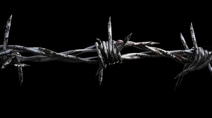 Closeup of metal barbed wire on black background. Symbol of prison and freedom - obrazy, fototapety, plakaty