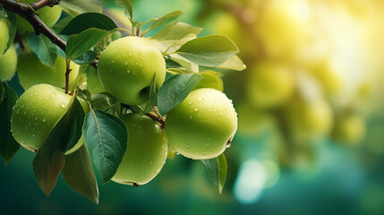 Ripe apples growing on a branch with green leaves in the garden. Sunny day. Bokeh effect. AI generative