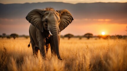 An elephant is walking in the grass at sunset. Generative AI.