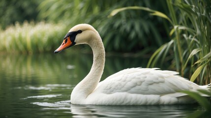 Obraz premium A white swan swimming in a pond near some reeds. Generative AI.