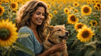 A woman is holding a dog in a field of sunflowers. Generative AI.