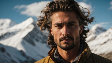 A man with long hair and a beard standing in front of mountains. Generative AI.