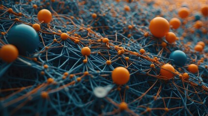 A close up of a network of orange and blue balls. Generative AI. - obrazy, fototapety, plakaty