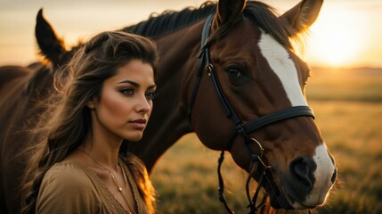 Obraz premium Beautiful woman with horse in the field at sunset. Generative AI.