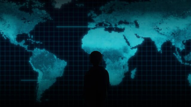 Child silhouette stood in front of a large digital screen with blue world map data glow, camera sweep soom out of a kid watching the earth on a massive blue chart display