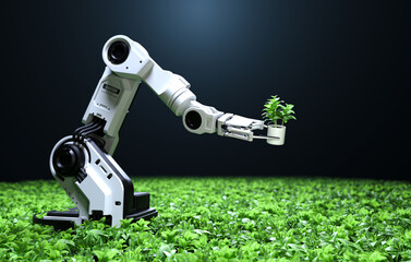 Smart robotic farmers concept, robot farmers, Agriculture technology, Farm automation.