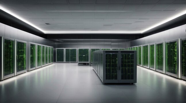 A large room with green computer servers. Generative AI.