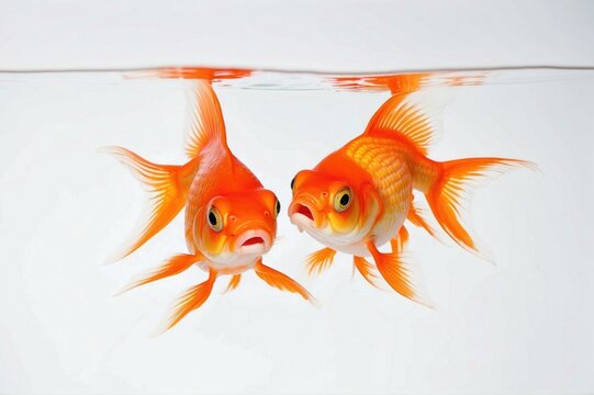 Two goldfish swimming in water with their mouths open. Generative AI.