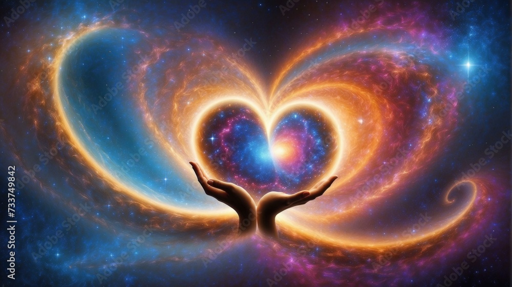 Poster hands holding a heart shape in front of a galaxy background. generative ai.