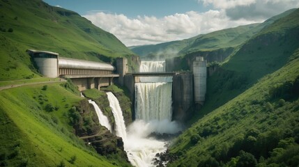 A large dam with a waterfall flowing into the water. Generative AI.