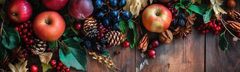 Naklejka na ściany i meble Many fruits and vegetables on a wooden table. Autumn background . Banner