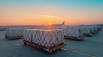 Sunset View of Air Cargo Containers Ready for Loading at Airport