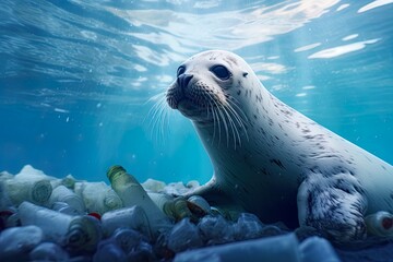 Seal at the bottom of the sea surrounded by plastic