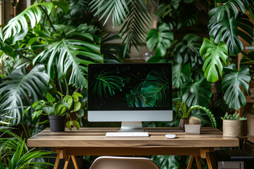 Fototapeta premium a computer on the desktop surrounded by plants