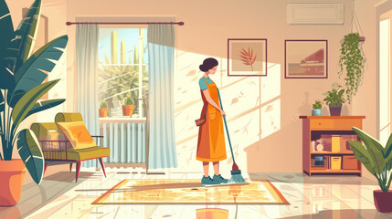 Illustration of a woman mopping the floor in a cozy, sunlit kitchen with plants and cooking pot