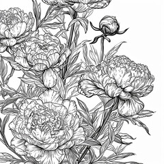 Seamless pattern with peony flowers. Coloring page. Hand drawn vector illustration