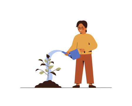 Boy watering young tree. School Child cares about  sapling outdoor. Green Ecology and environment forest conservation concept. Vector illustration for Earth Day