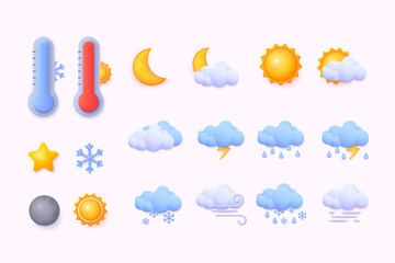 White clouds, dew on leaves, fog sign, day and night for forecast design. 3D Web Vector Illustrations.