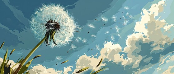 Macro Blow ball. Dandelion illustration with multiply seeds on sky background - obrazy, fototapety, plakaty