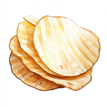 Watercolor Illustration of Potato Chips or Crisps Pile. Slices of Crisp or Chip Isolated on White Background.